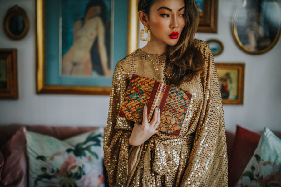 fashion blogger jessica wang shares holiday party makeup looks in sequin dress with red lips // Notjessfashion.com