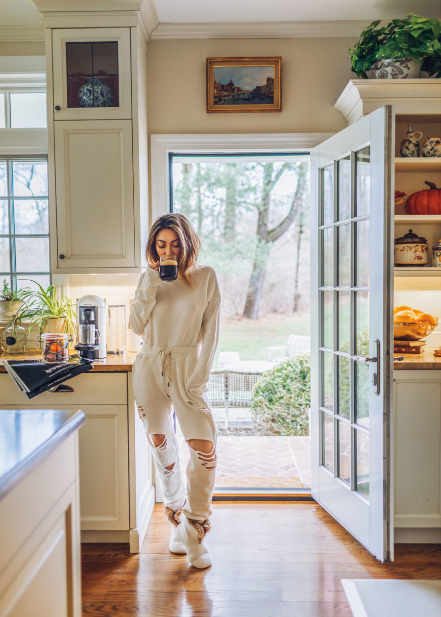 jessica wang wearing white pajamas while sharing the coziest airbnb rentals in upstate new york // Jessica Wang - Notjessfashion.com