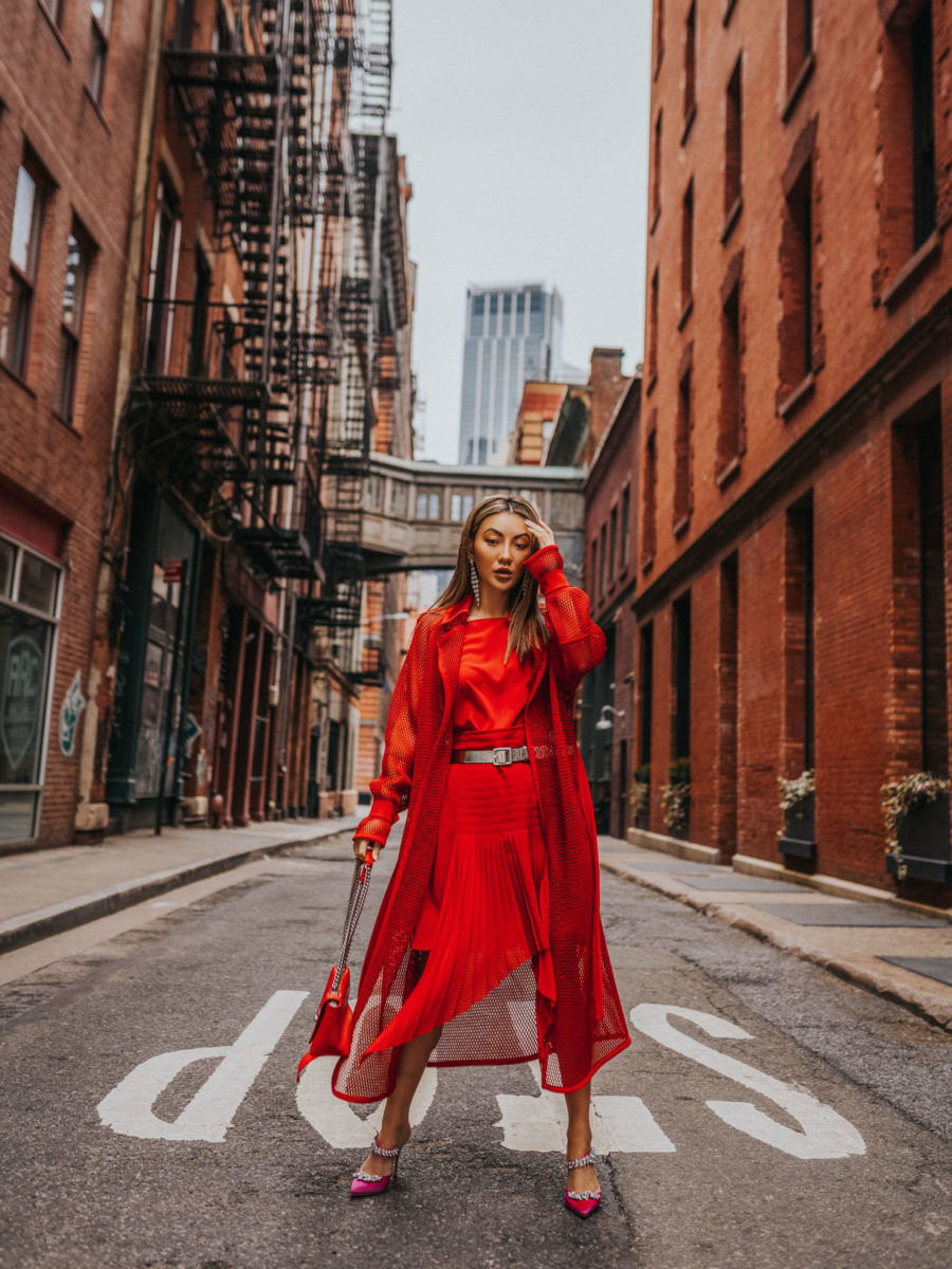 nyfw street style, nyfw spring 2019 street style, monochromatic red outfit, red akris dress // notjessfashion.com