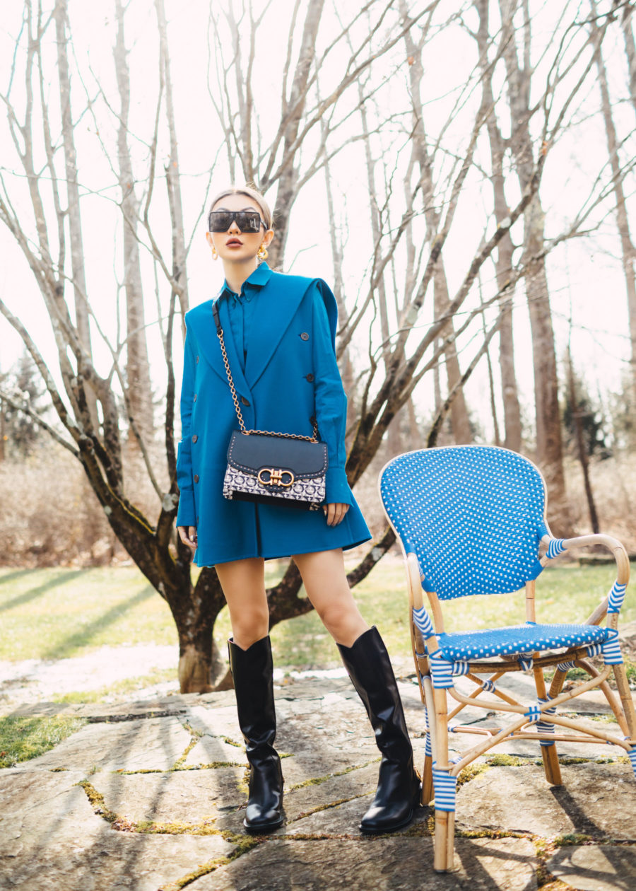 Fall 2020 Boot Trends - jessica wang wearing flat boots with a blue blazer dress // Jessica Wang - Notjessfashion.com