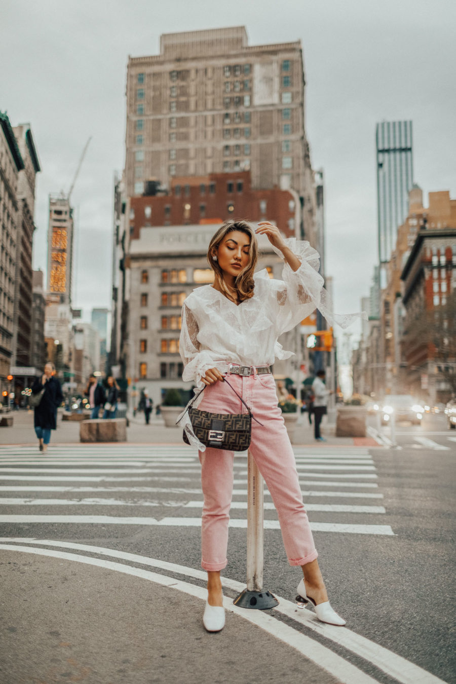fashion blogger jessica wang wearing spring transitional pieces - fendi bag pink denim and white blouse // Notjessfashion.com