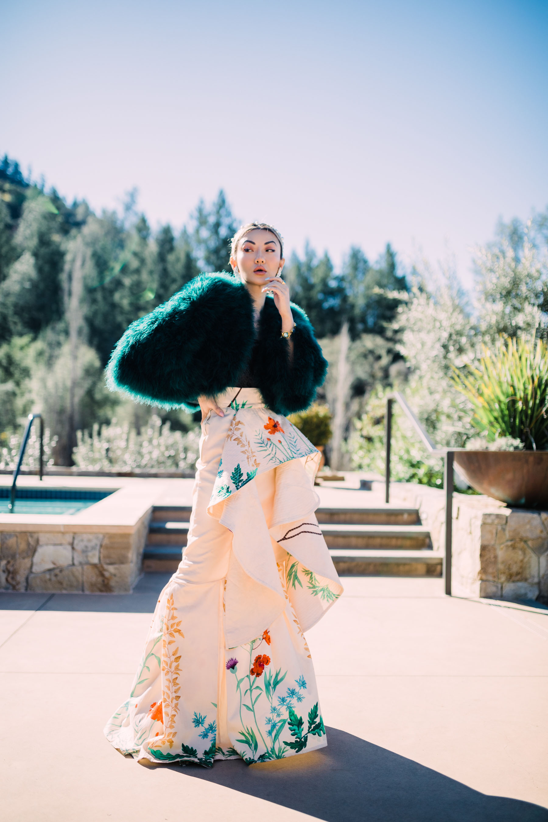 cbd beauty products, embroidered dress, green faux fur jacket // Notjessfashion.com