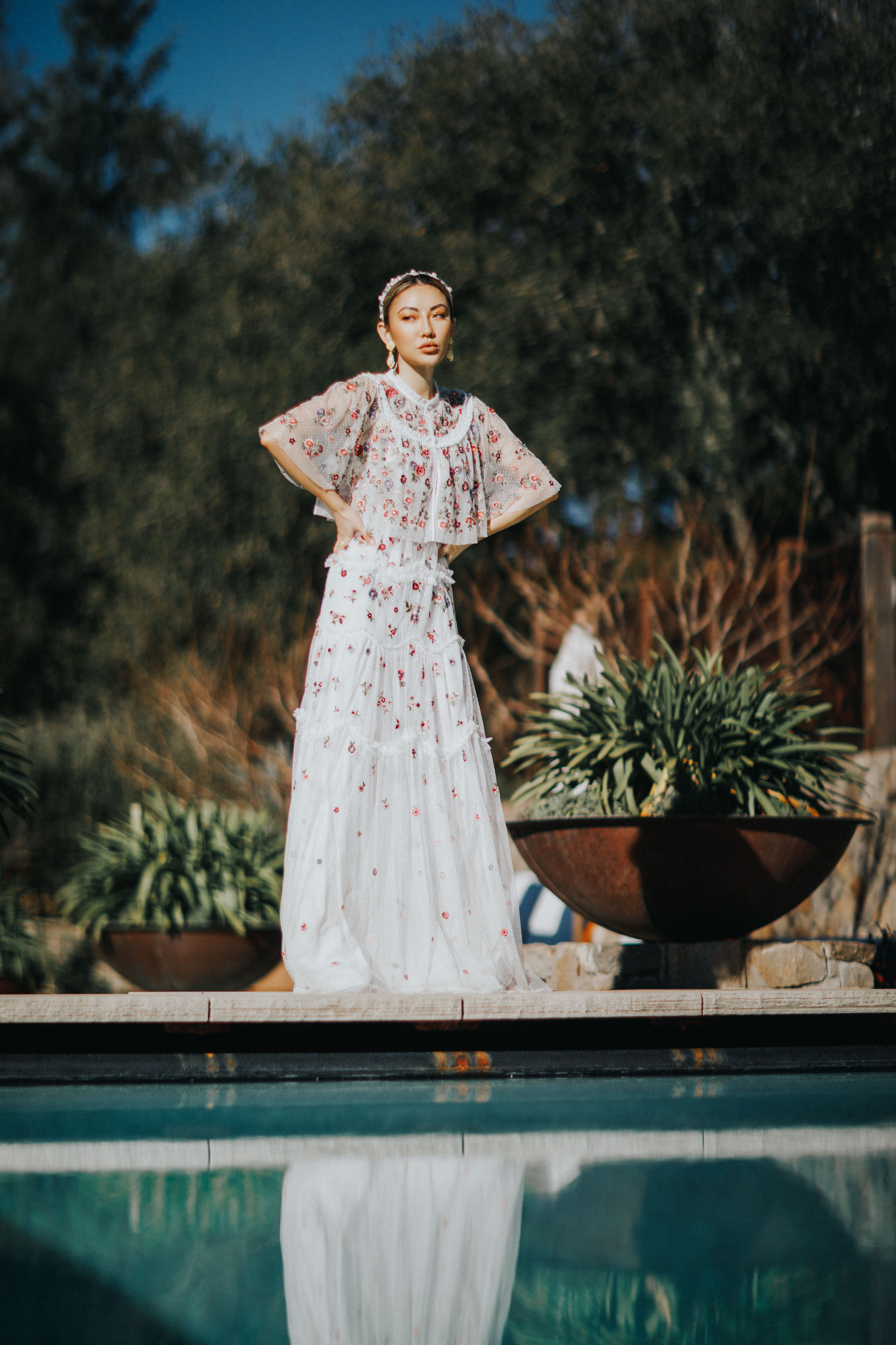 wedding guest outfit ideas, chiffon gown, needle and thread dress // Notjessfashion.com