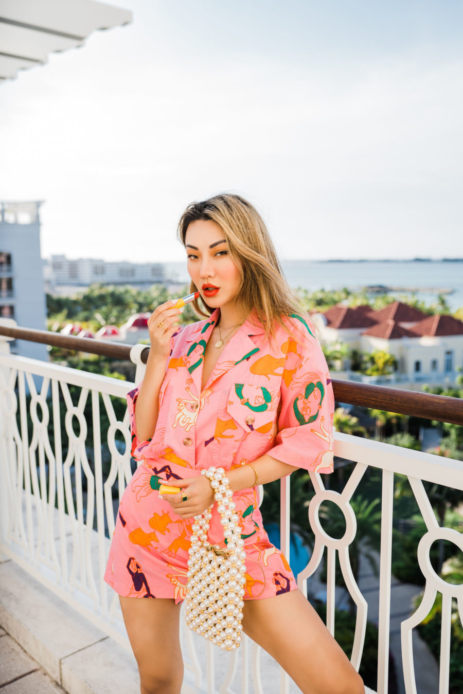 jessica wang wearing tropical pjs while sharing her favorite beach essentials from amazon vacation finds // Jessica Wang - Notjessfashion.com
