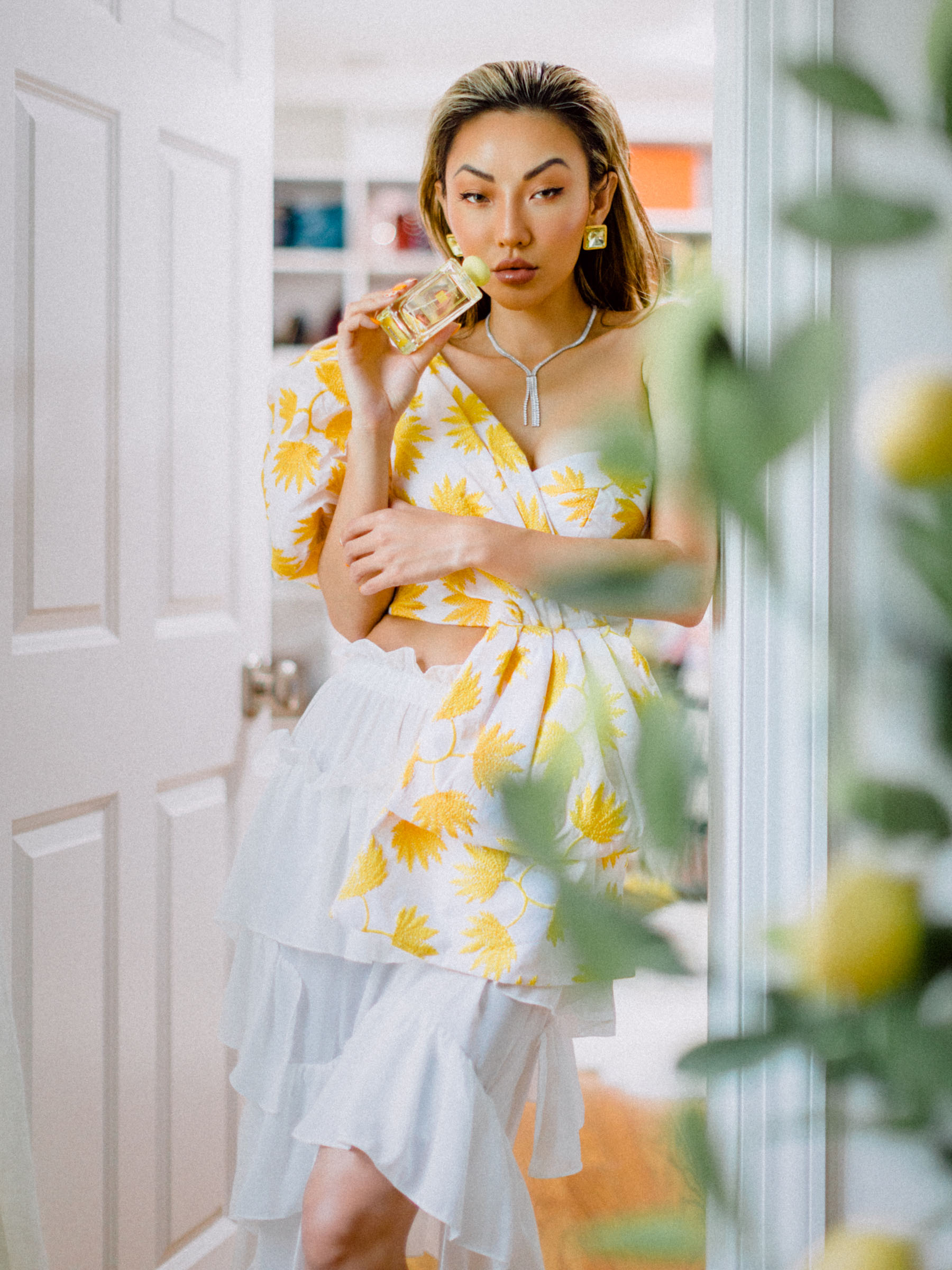 best fabrics to wear in the summer, cotton floral top, ruffle wrap top // Notjessfashion.com