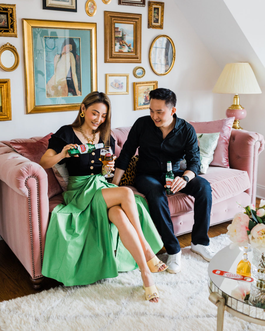 Non-cheesy ways to match with your significant other - gucci mules, black puff sleeve top, green skirt, JW anderson necklace, hoop earrings // Jessica Wang - Notjessfashion.com