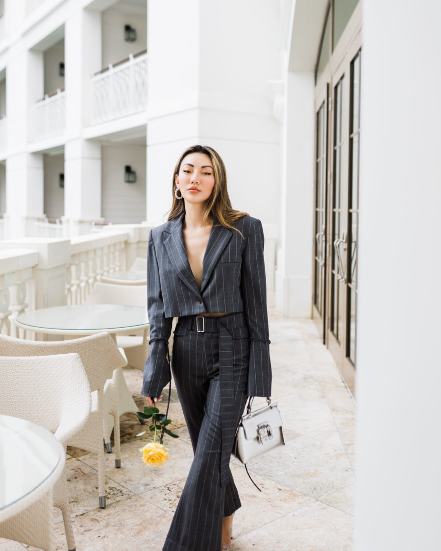 how to dress comfortably for the office - pinstripe suit // Jessica Wang - Notjessfashion.com