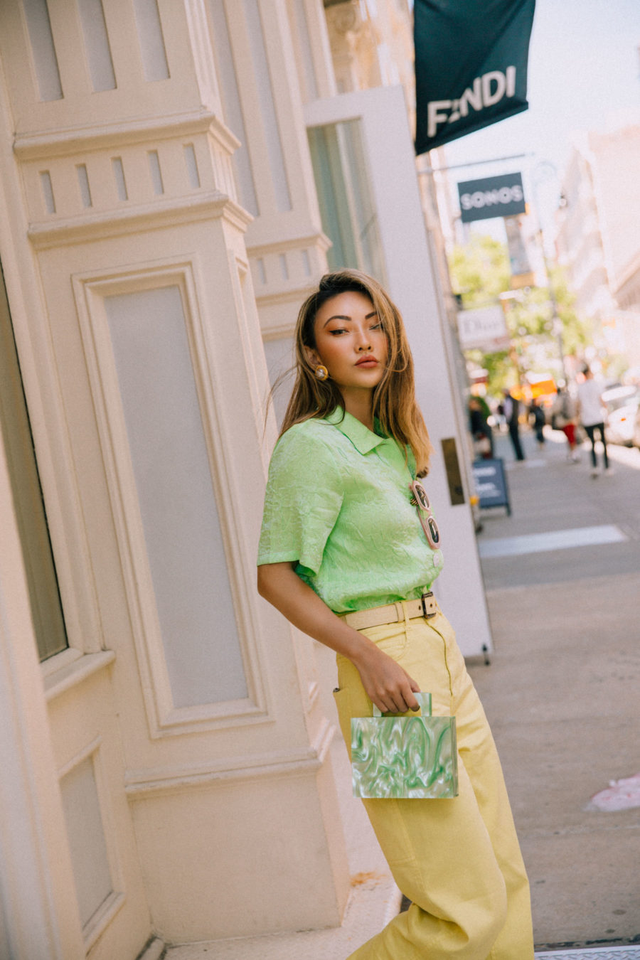 fashion blogger jessica wang shares basic wardrobe upgrades wearing green dad shirt and yellow trousers // Jessica Wang - Notjessfashion.com