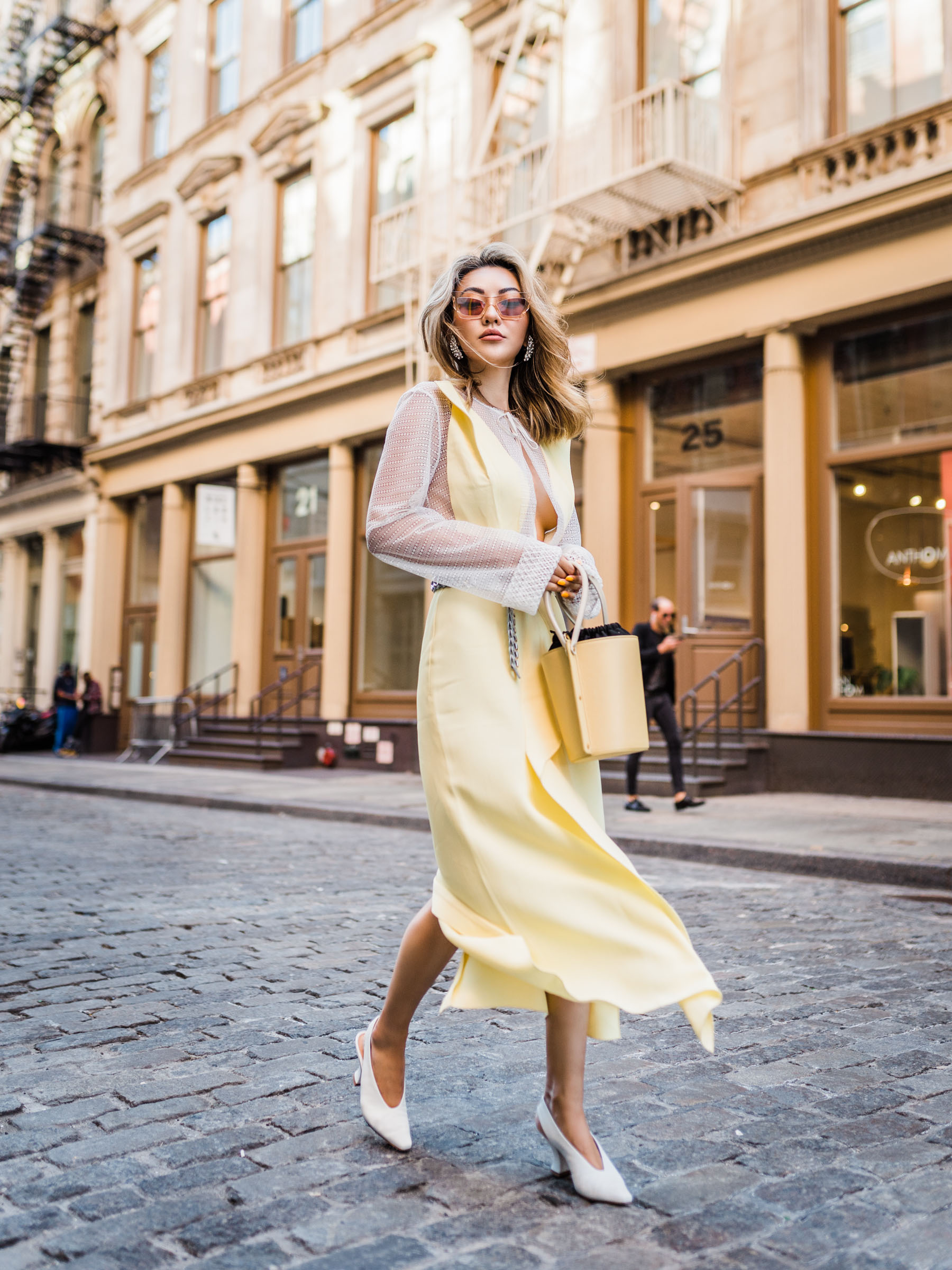 sheer fashion trend, sheer yellow dress, white slingback pumps // Notjessfashion.com
