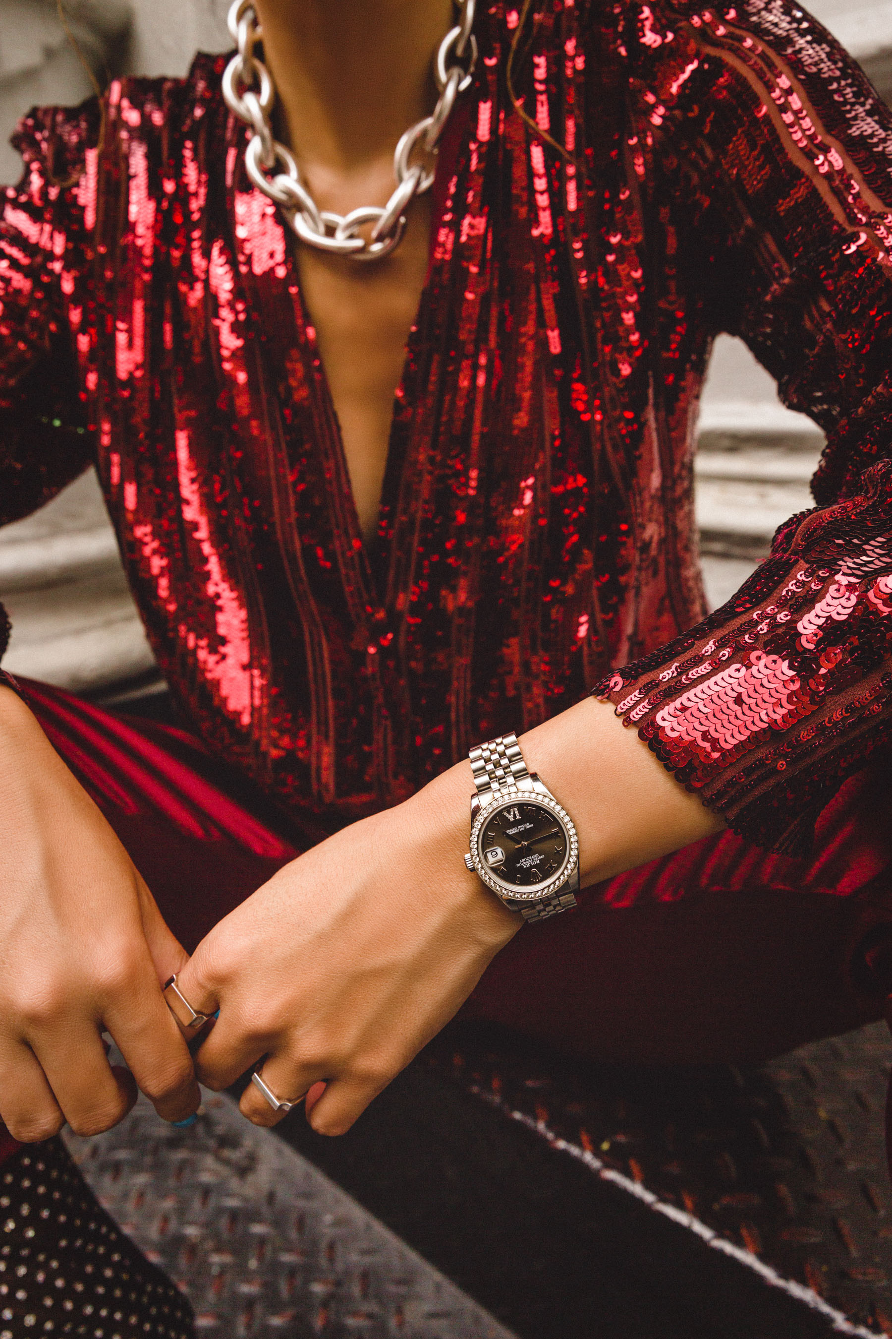 reasons to buy a luxury watch, rolex watch, red sequin top, nyfw street style // Notjessfashion.com