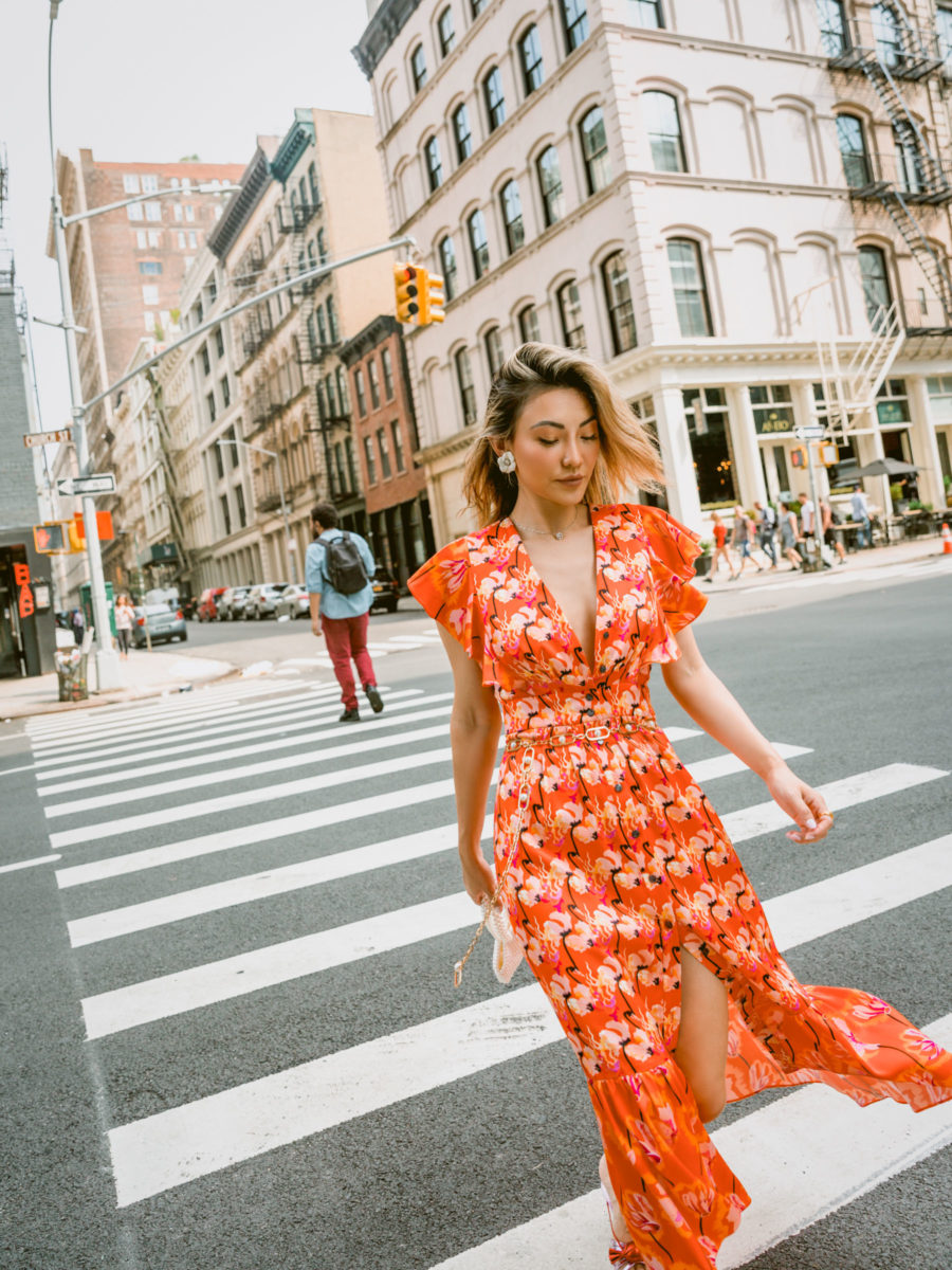 jessica wang wearing an orange floral dress with colorful jewelry // Jessica Wang - Notjessfashion.com