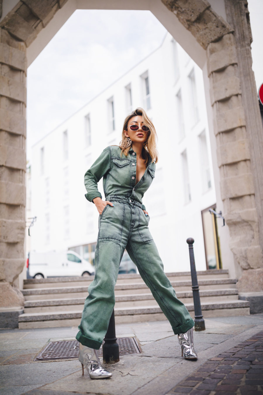 fashion blogger jessica wang shares ugly fashion trends of 2020 wearing denim boilersuit and silver booties // Notjessfashion.com