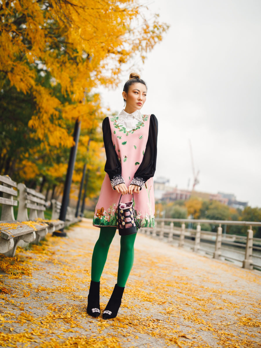 fashion blogger jessica wang shares valentine's day outfits wearing a vintage-inspired mini dress and green tights // Notjessfashion.com