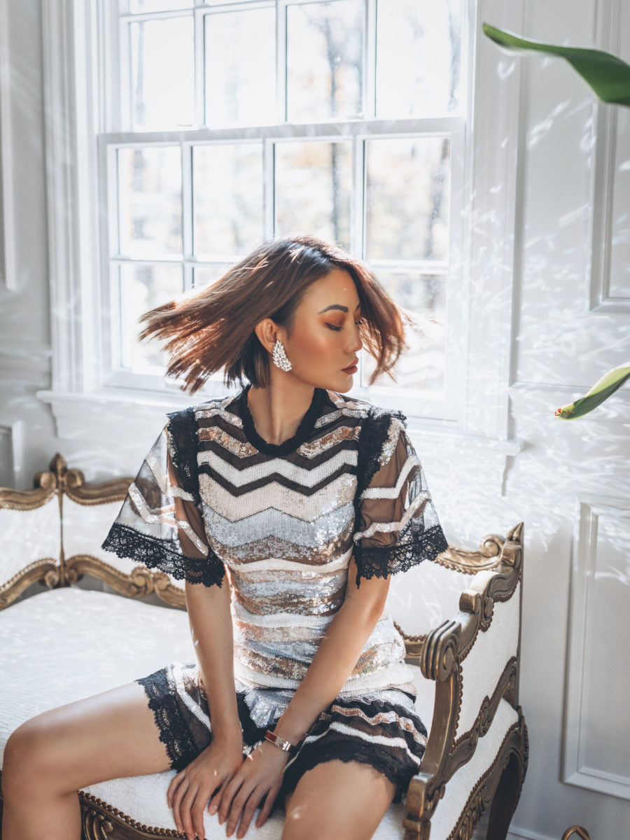 fashion blogger jessica wang wears needle and thread sequin dress with glowing winter skin // Notjessfashion.com