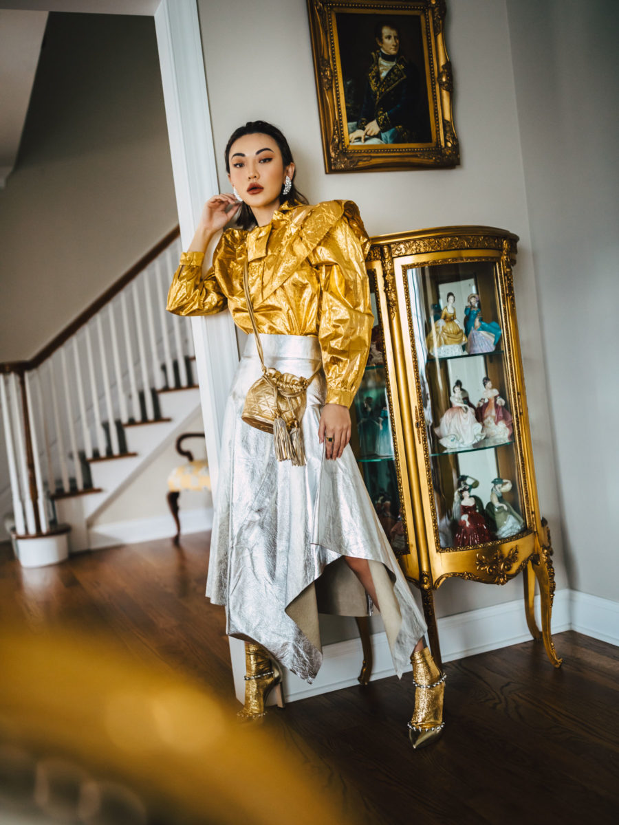fashion blogger jessica wang wears holiday party shoes and metallic outfit from what goes around comes around nyc // Notjessfashion.com