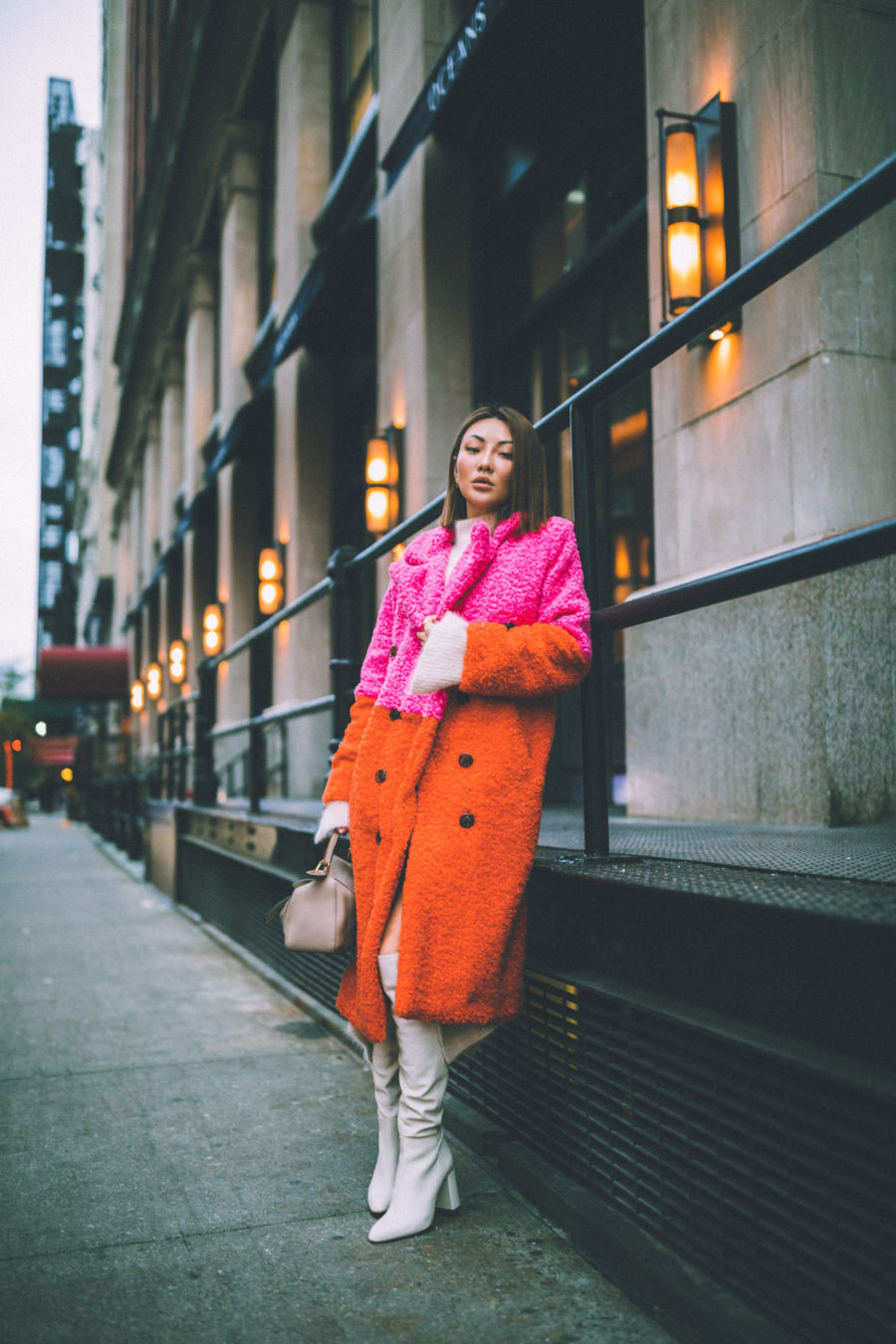 fashion blogger jessica wang shares holiday gift guide for the whole family wearing colorblock coat loewe puzzle bag and white boots // Notjessfashion.com