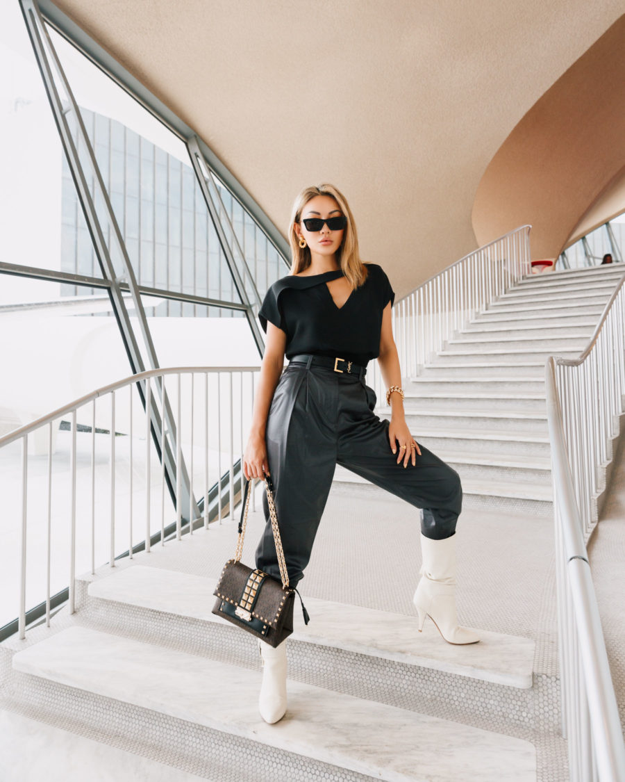 fashion blogger jessica wang wearing leather pants tucked into white Valentino boots, jessica wang shares ways to achieve your goals in 2019 // Notjessfashion.com