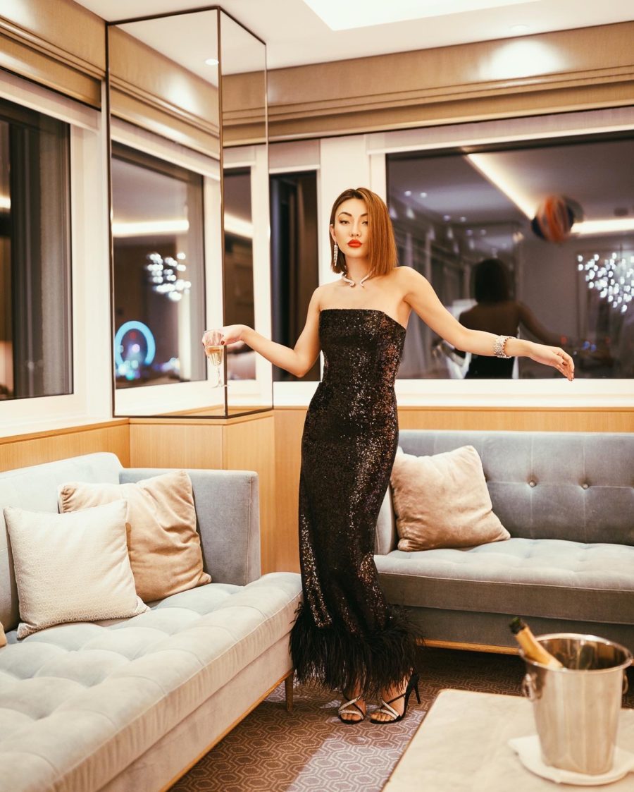 fashion blogger jessica wang shares valentine's day outfits wearing a feathered sequin dress // Notjessfashion.com