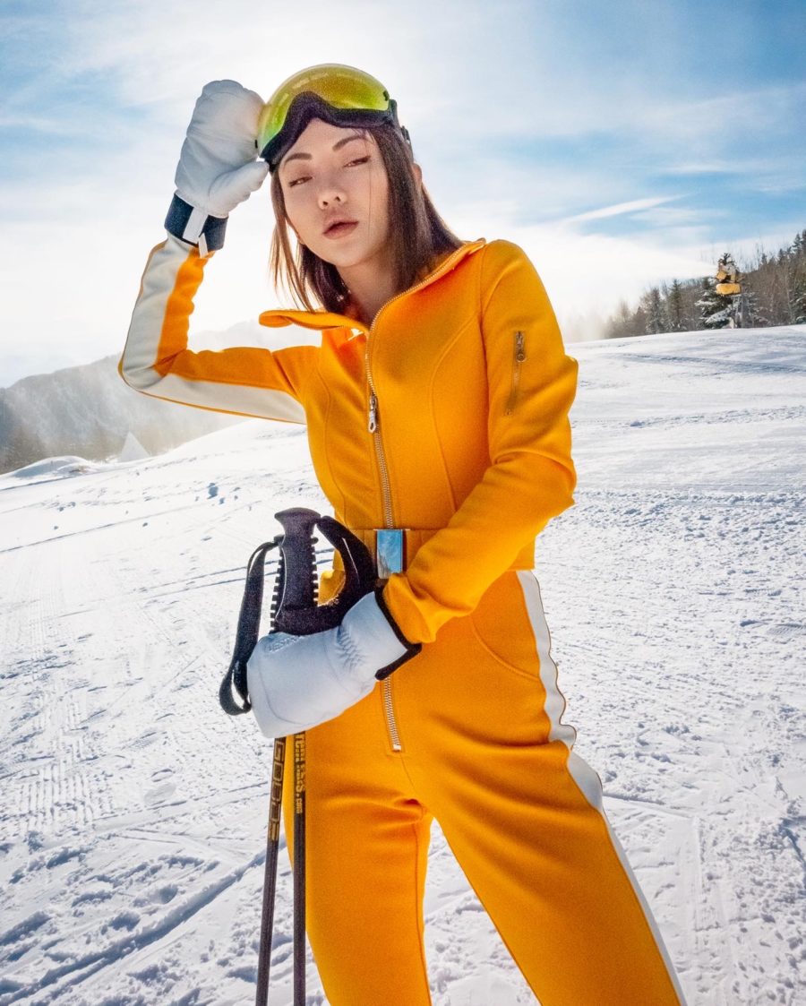 Chic skiwear in Cordova yellow snow suit // Notjessfashion.com