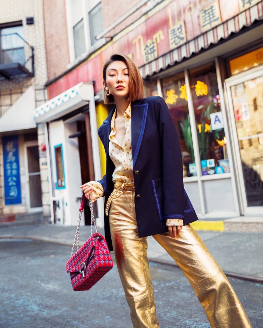 chinese new year inspired outfits featuring gold outfit and navy blazer // Notjessfashion.com