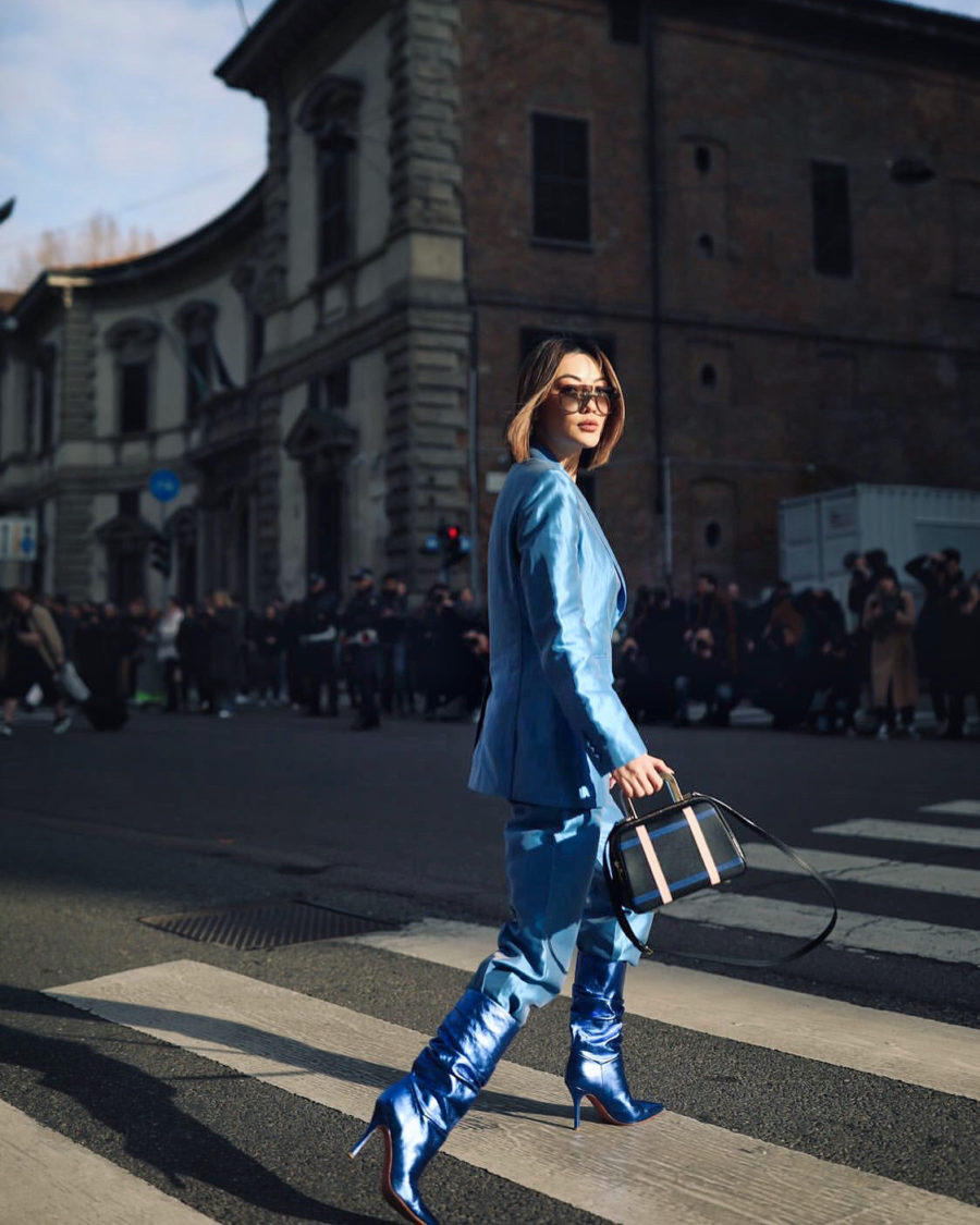 fashion blogger jessica wang wears blue max mara suit and amina muaddi blue boots for mfw // Notjessfashion.com