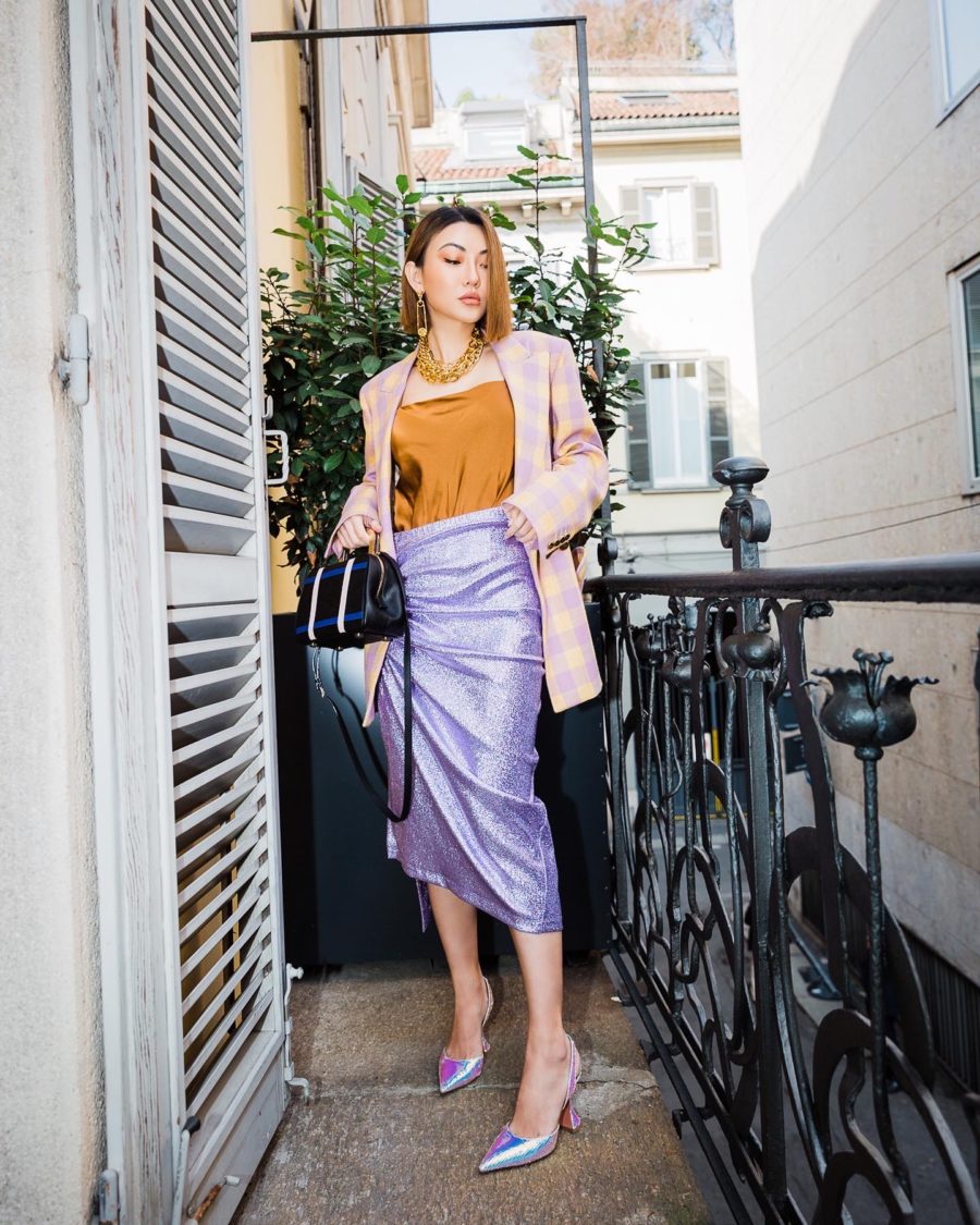 fashion blogger jessica wang shares what's inside her makeup bag, jessica wang wears blaze milano blazer with paco robanne skirt and amina muaddi heels