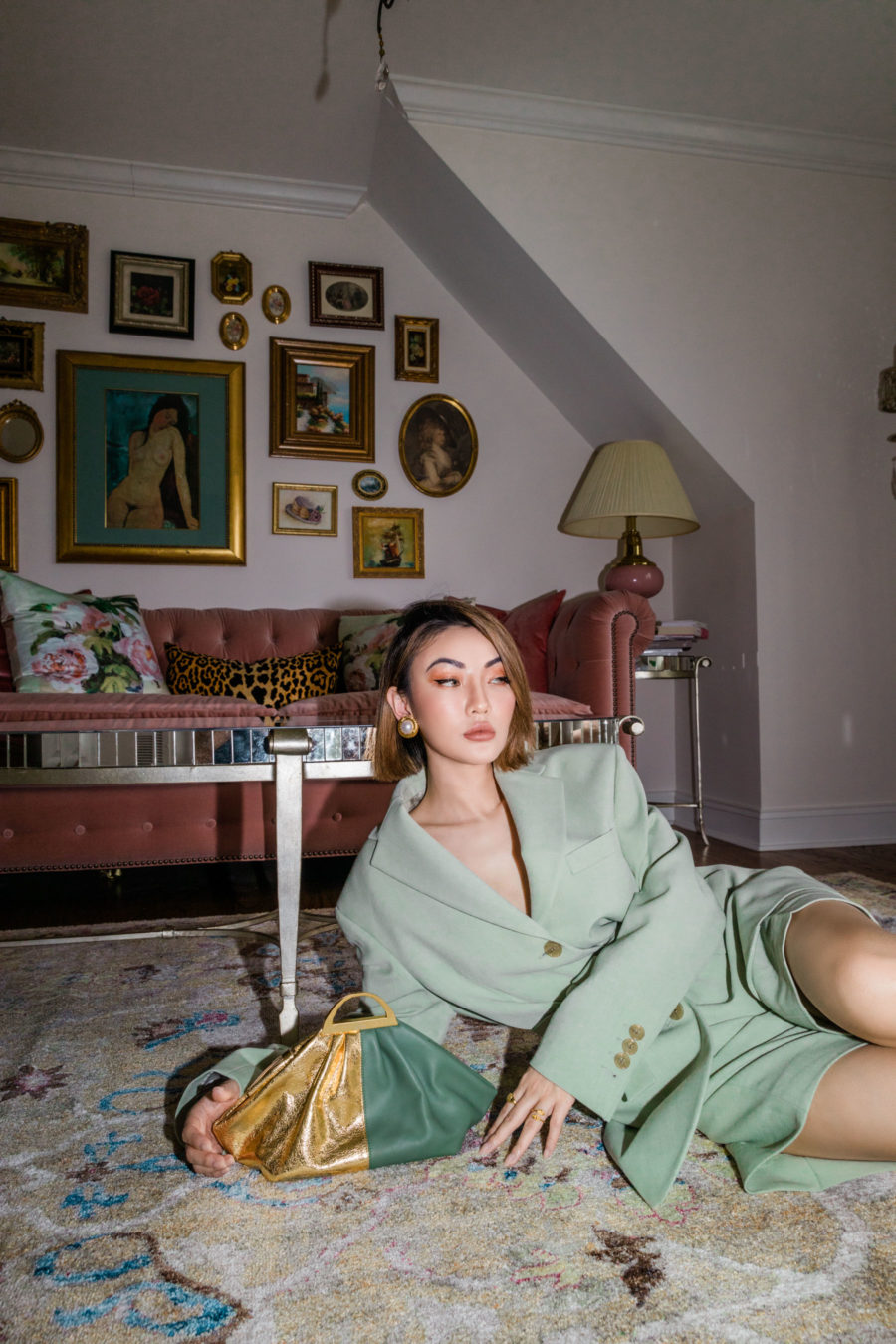 fashion blogger jessica wang shares the most stylish outfits from farfetch wearing acne blazer and long shorts with paris texas purple heels // Notjessfashion.com