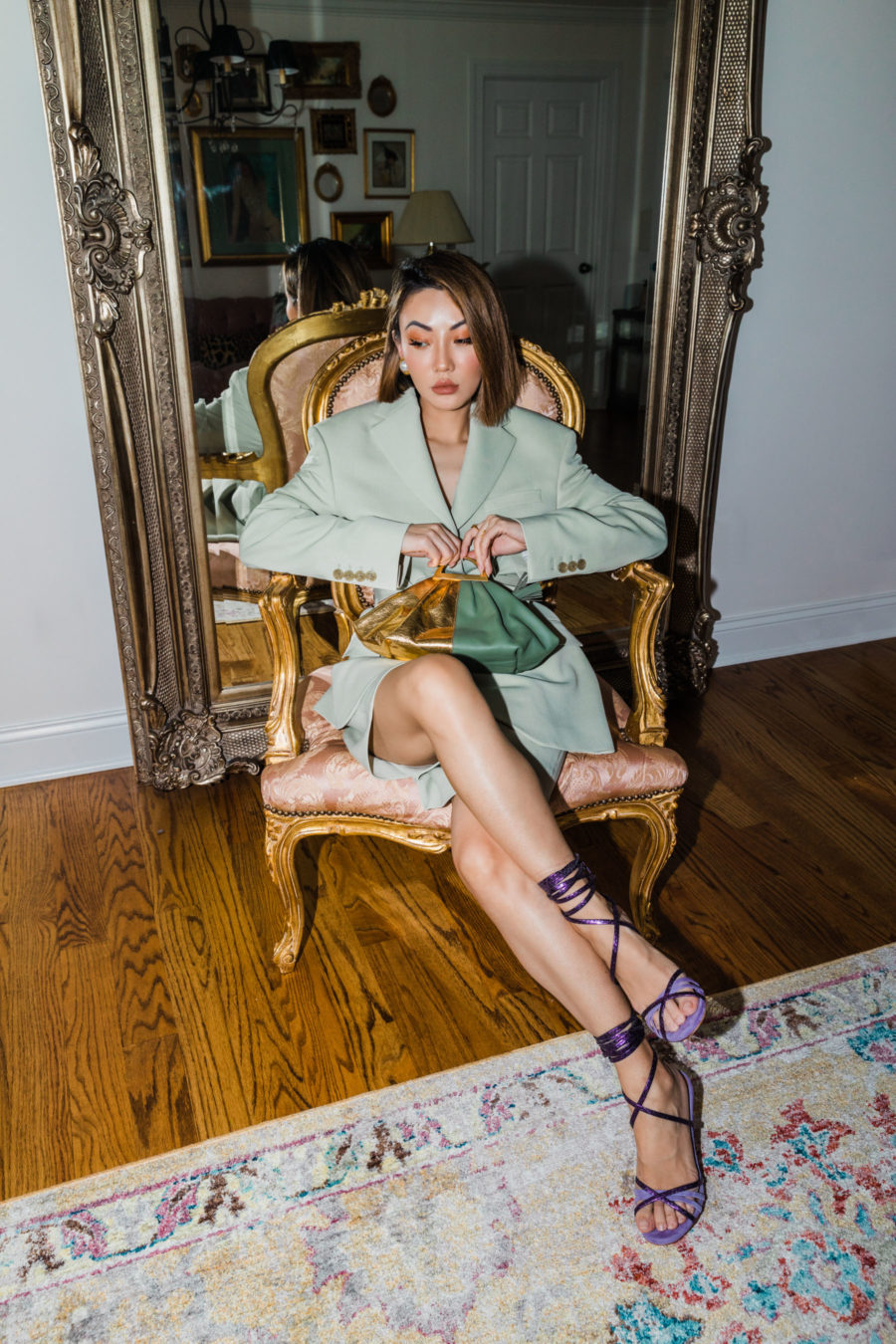 fashion blogger jessica wang wears acne blazer and long shorts with paris texas purple heels from farfetch private client // Notjessfashion.com