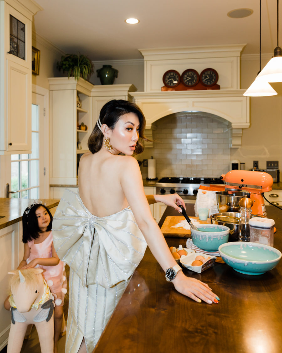 Jessica Wang wearing a gown in the kitchen while refreshing her home for spring // Jessica Wang - Notjessfashion.com