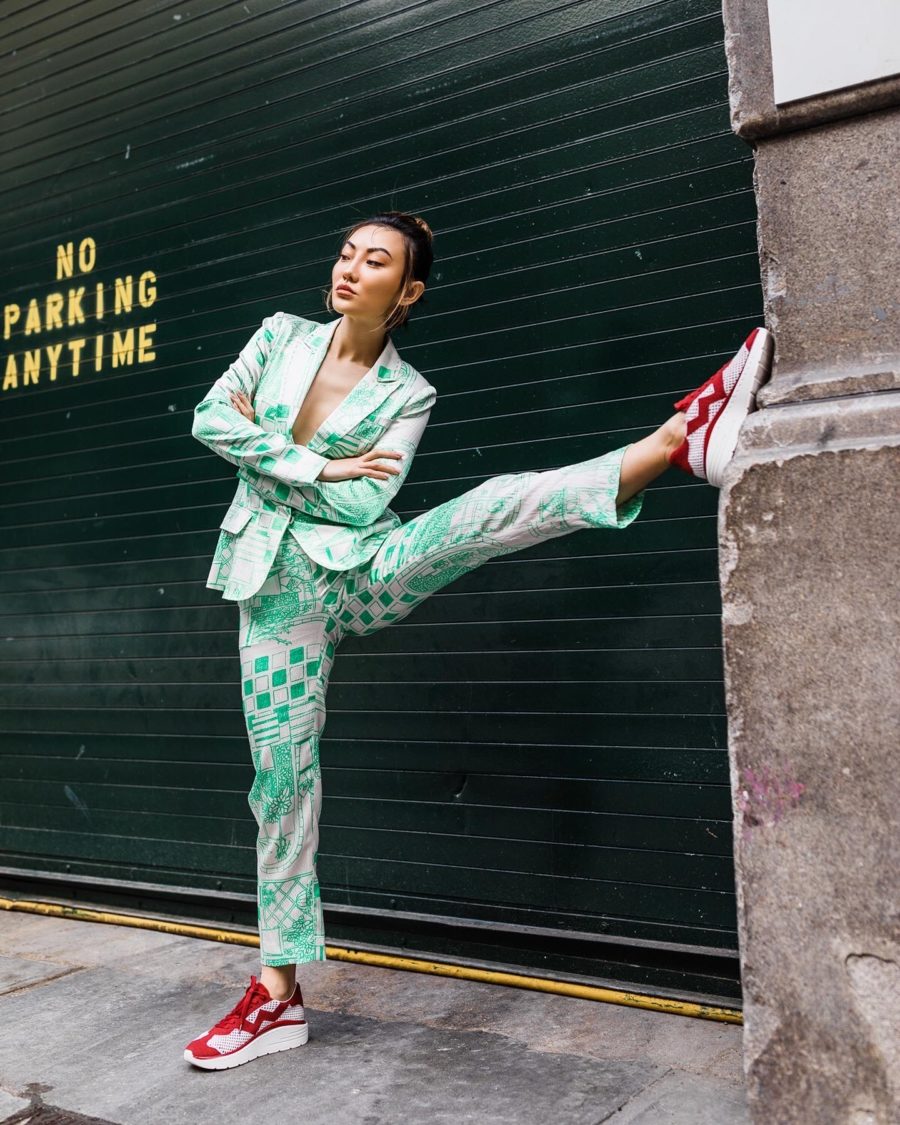 fashion blogger jessica wang wears green printed suit and stuart weitzman sneakers // Jessica Wang - Notjessfashion.com