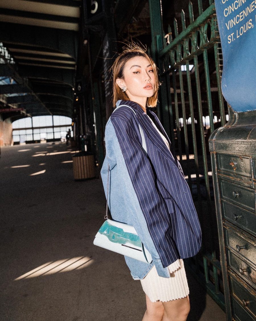 fashion blogger jessica wang wears blue pinstripe blazer showcasing spring color trends // Jessica Wang - Notjessfashion.com