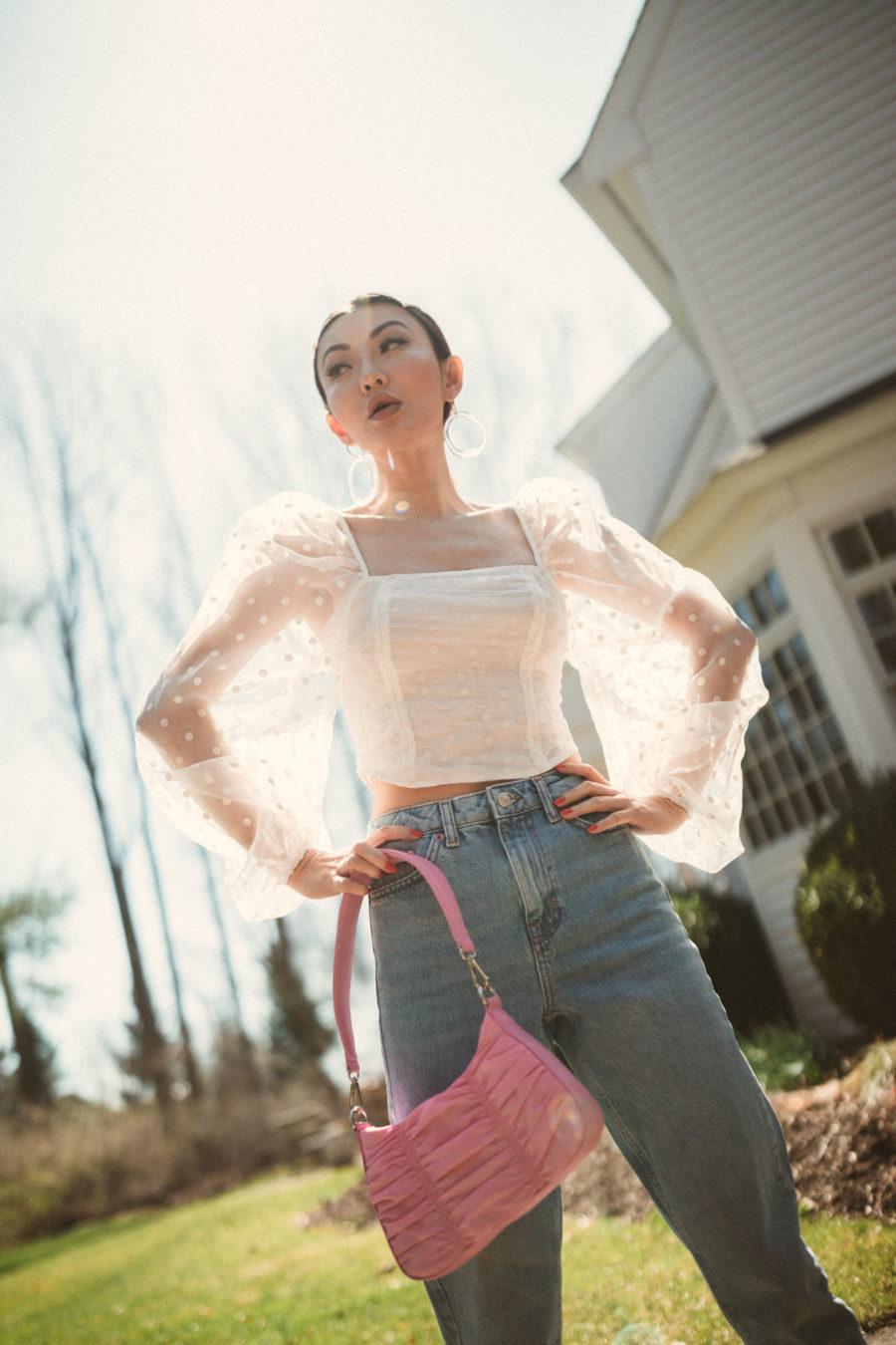 topshop puff sleeve top with blue jeans and white heels and a pink handbag // Jessica Wang - Notjessfashion.com