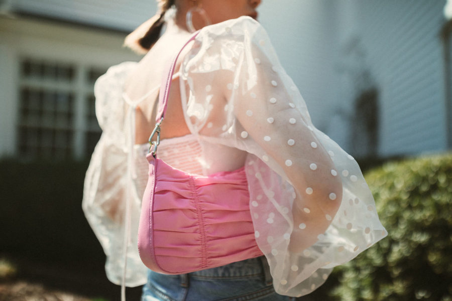 topshop puff sleeve top with blue jeans and white heels and a pink handbag // Jessica Wang - Notjessfashion.com