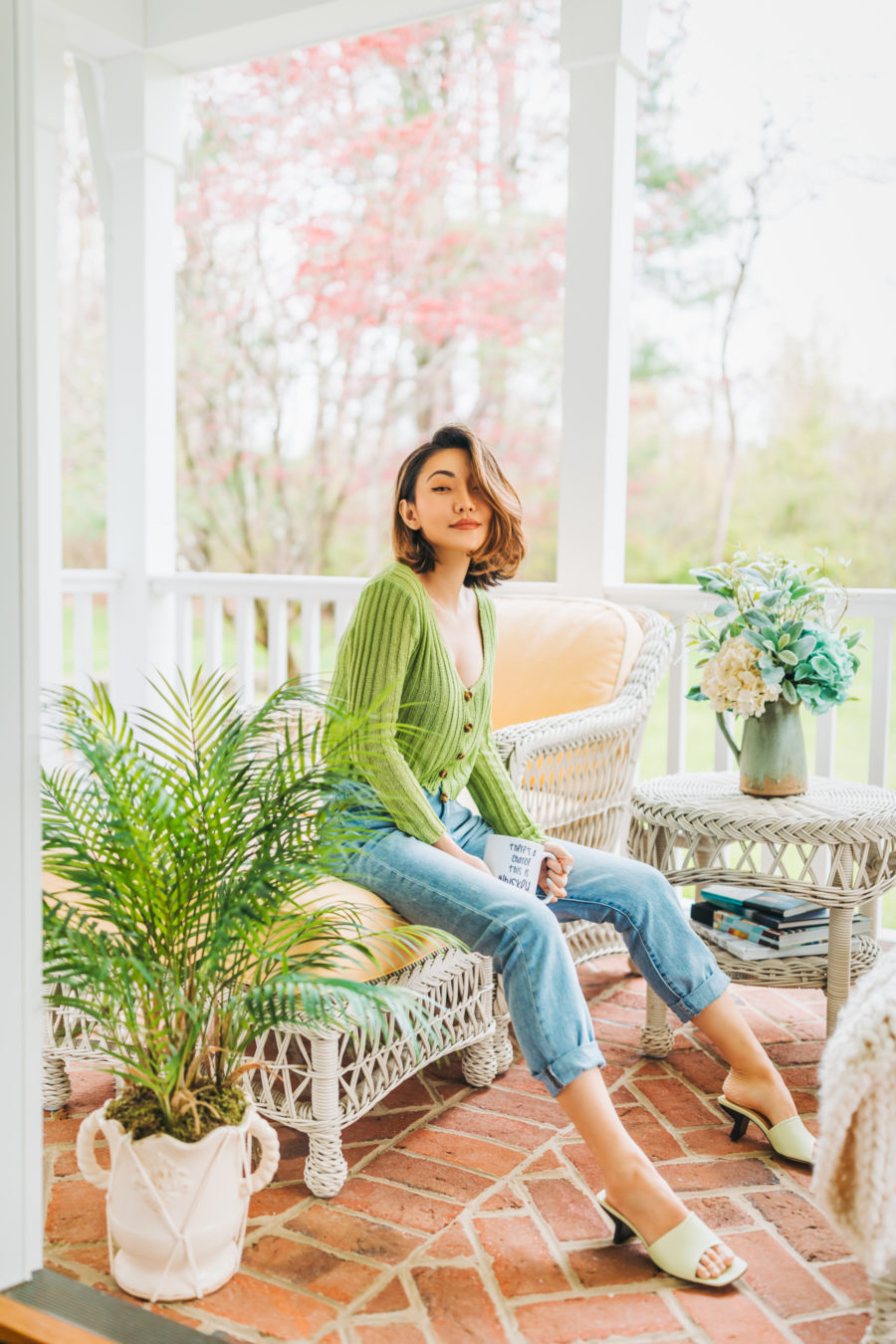 jessica wang wearing a green cardigan with denim while sharing her favorite amazon home finds // Jessica Wang - Notjessfashion.com