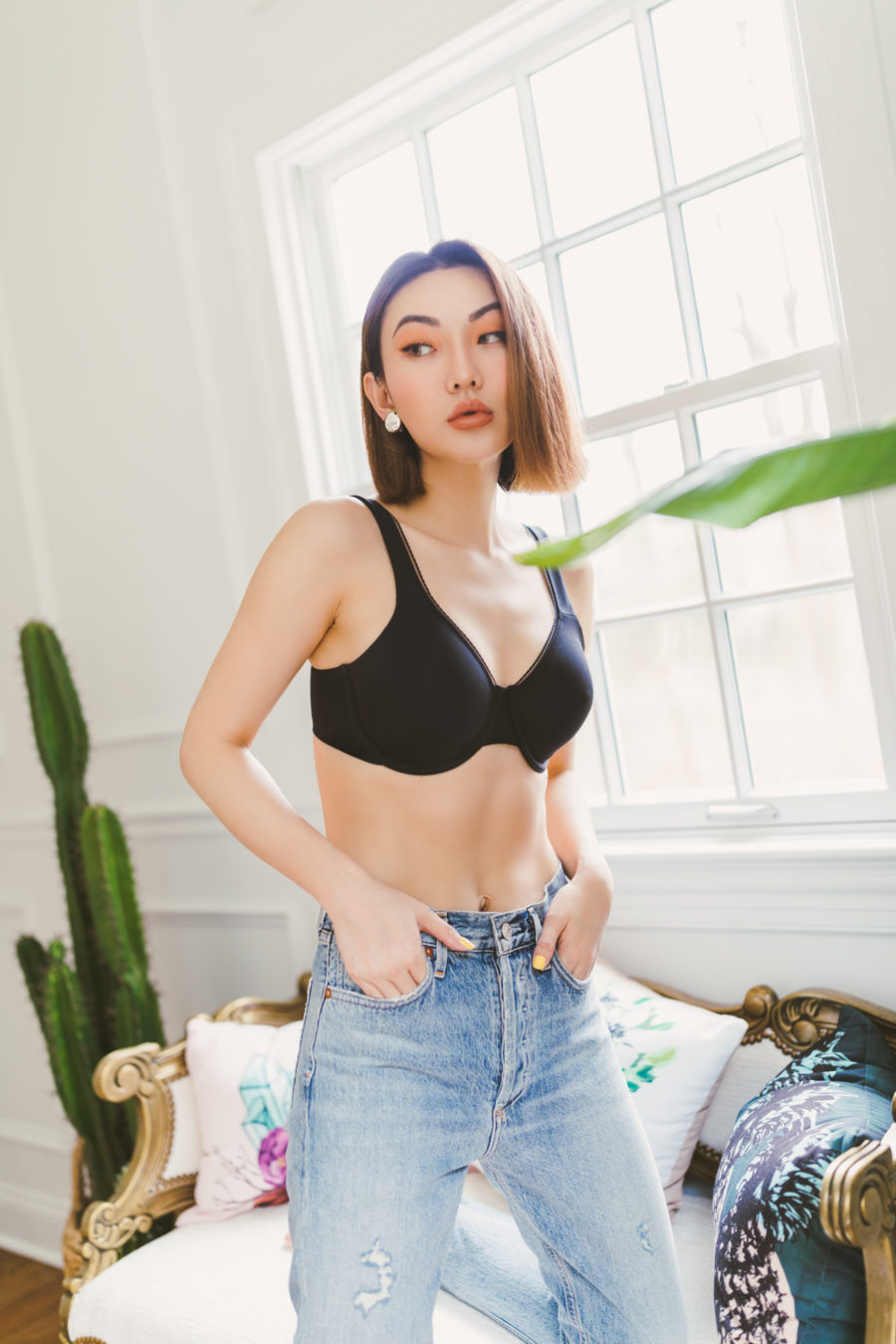 jessica wang wearing a triangle bra with denim jeans while sharing her must-have lingerie brands // Jessica Wang - Notjessfashion.com