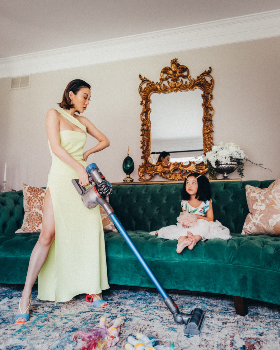 fashion blogger jessica wang vacuuming the living room and shares her best mom hacks // Jessica Wang - Notjessfashion.com