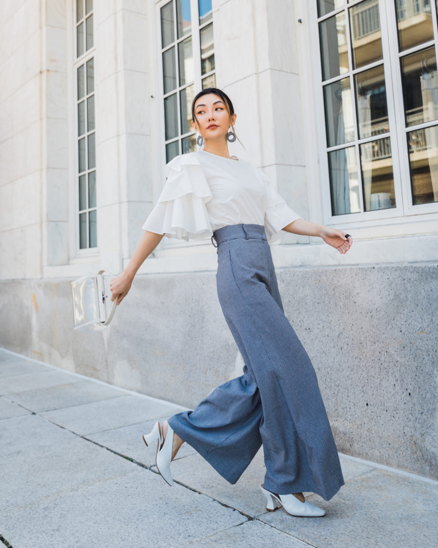 spring 2021 fashion trends - wide leg trousers, white blouse // Jessica Wang - Notjessfashion.com