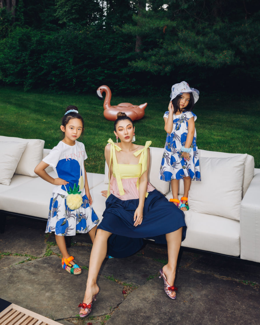 fashion blogger jessica wang wearing in her backyard with children sharing the most fashionable face masks // Jessica Wang - Notjessfashion.com