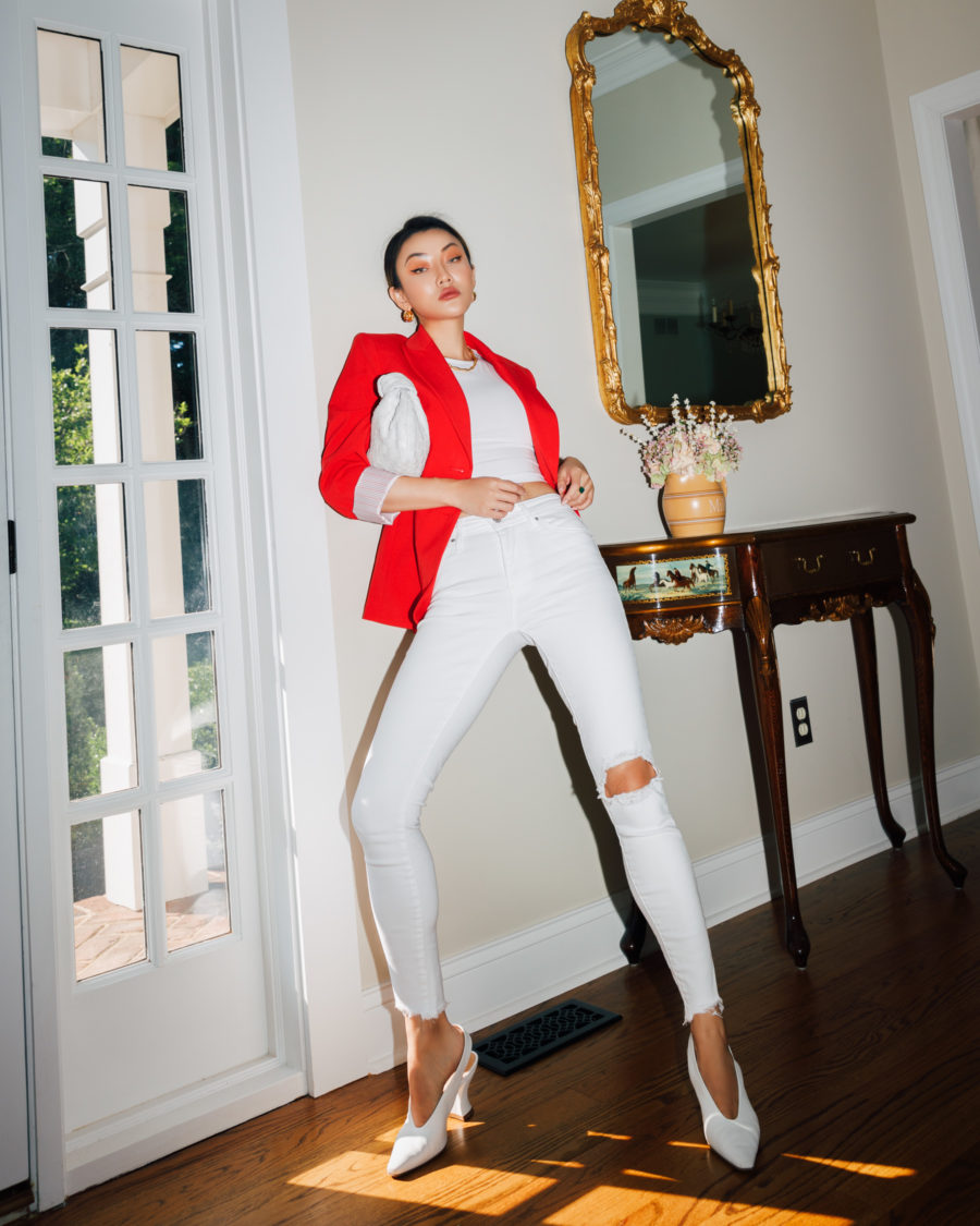 fashion blogger jessica wang wears white outfit and red blazer while sharing how to help lebanon // Jessica Wang - Notjessfashion.com