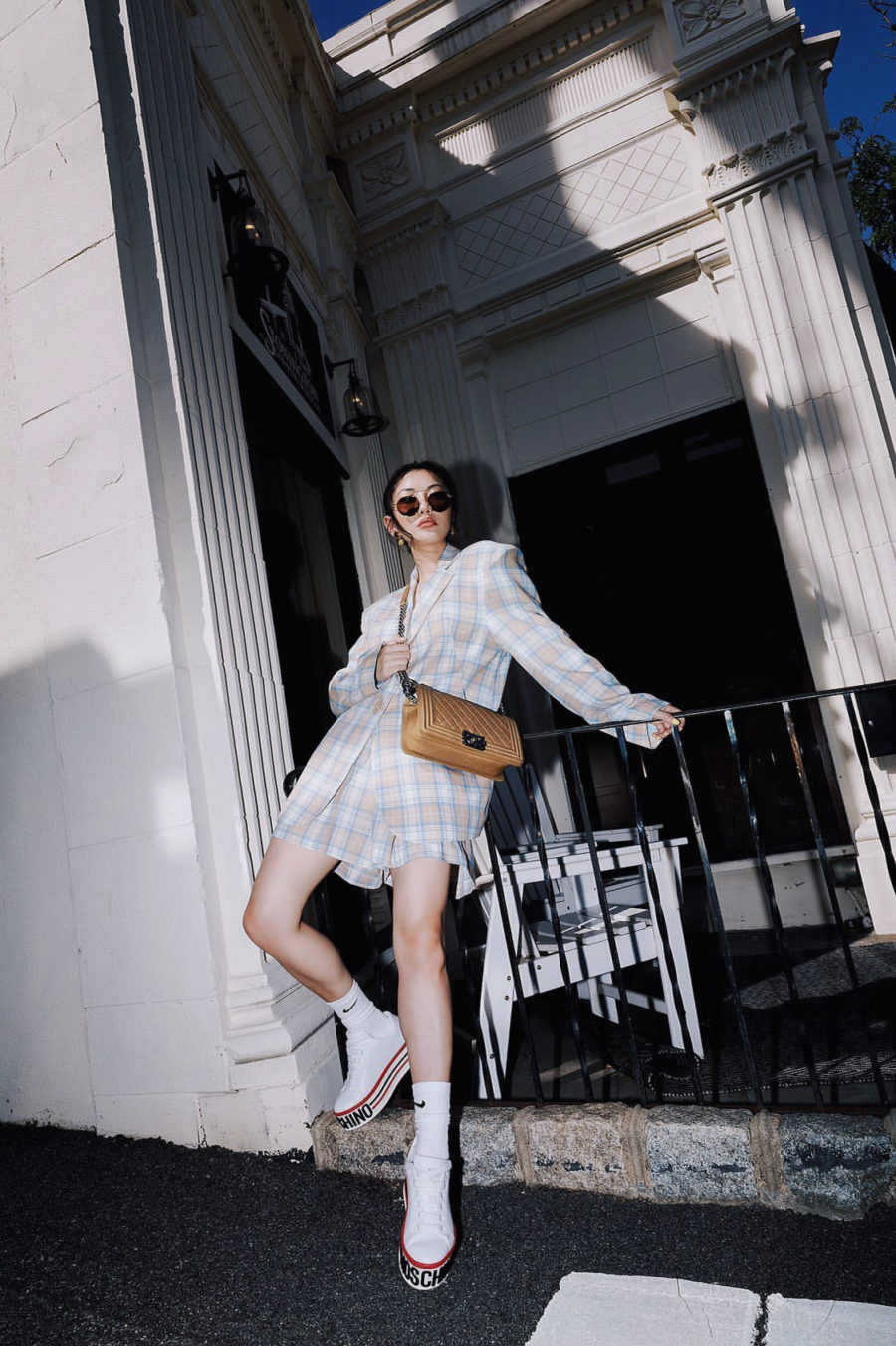 on-trend fall outfits featuring short suit and moschino platform sneakers // Jessica Wang - Notjessfashion.com