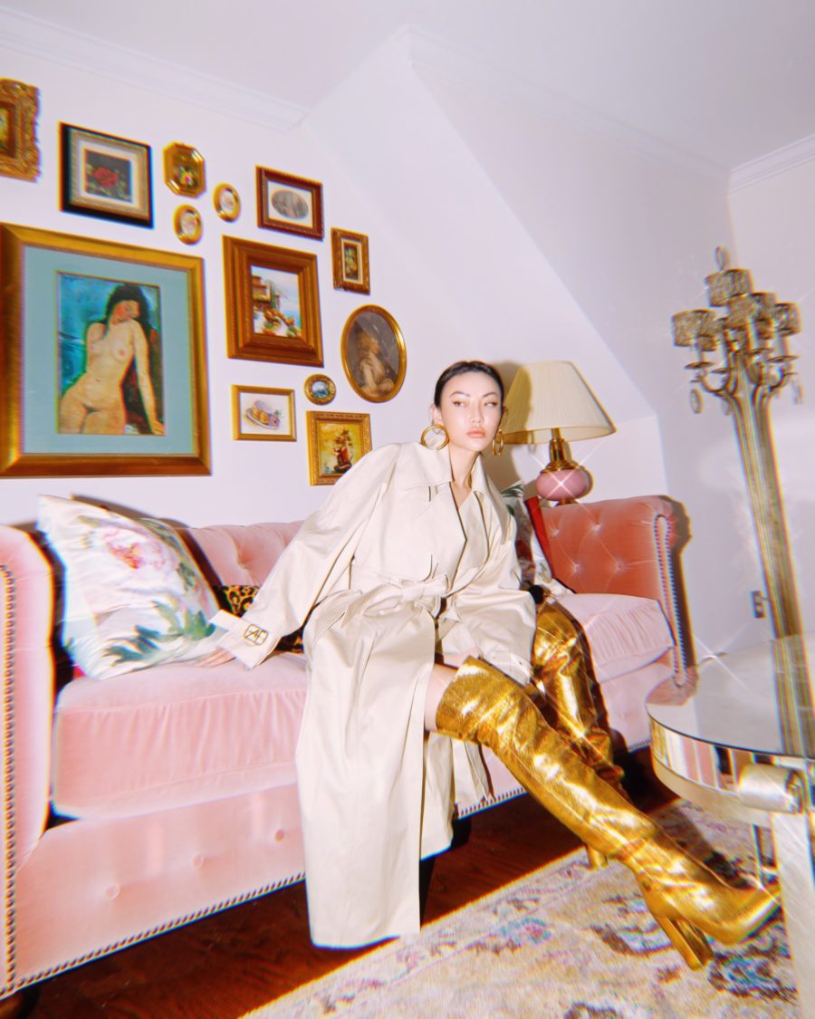 fashion blogger jessica wang wearing fall 2020 boots trends - gold thigh high boots // Jessica Wang - Notjessfashion.com