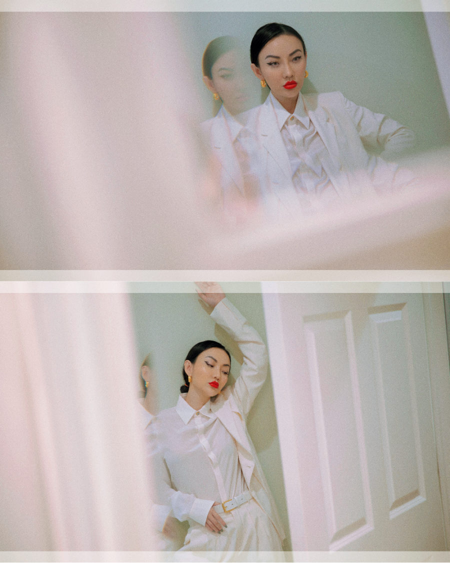 fashion blogger jessica wang wears red lipstick with a white outfit and shares her favorite makeup brands at home // Jessica Wang - Notjessfashion.com