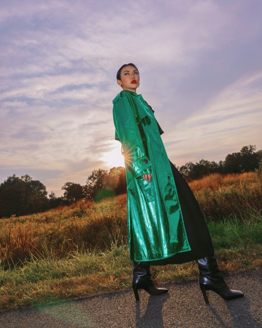 Jessica Wang wearing a green longline coat, a black dress, and square toe boots // Jessica Wang - Notjessfashion.com