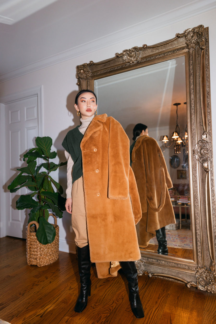 jessica wang wears stand faux fur coat with knee high boots and shares where to buy designer brands on sale // Jessica Wang - Notjessfashion.com