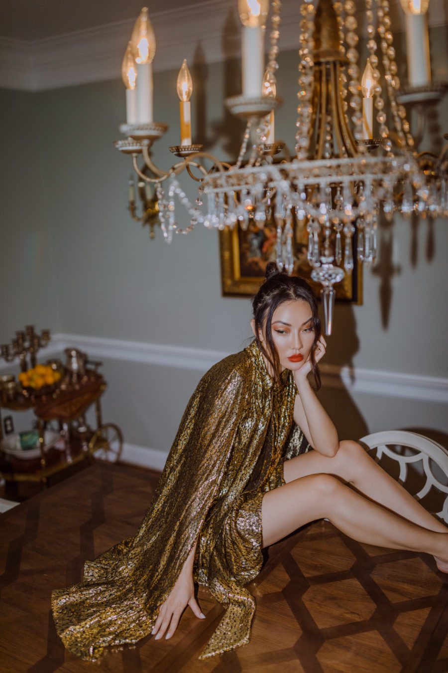 jessica wang wearing a gold dress at home sharing cyber monday deals for 2020 // jessica wang - Notjessfashion.com