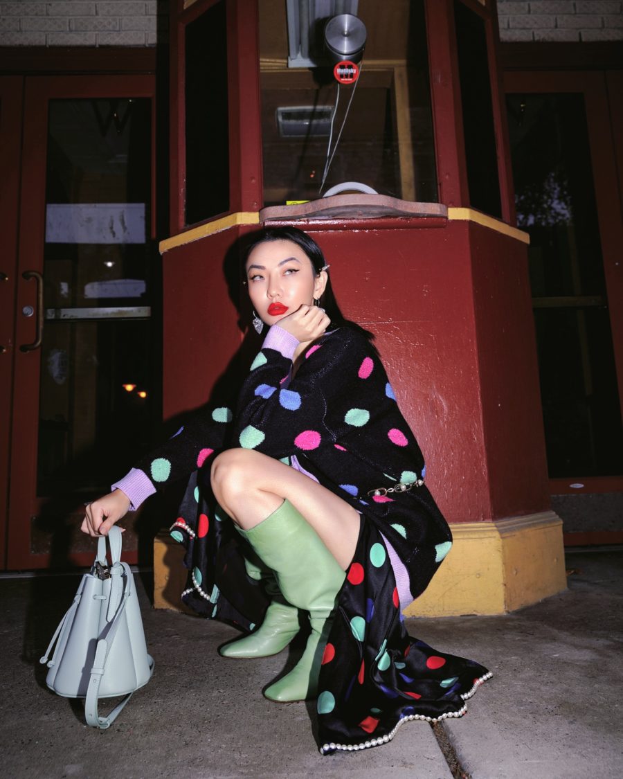 fashion blogger jessica wang wears olivia rubin polka dot outfit with polene bucket bag and shares fall 2020 handbags // Jessica Wang - Notjessfashion.com