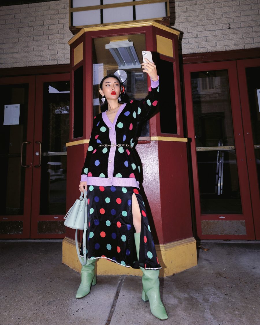 post holiday sales - olivia rubin polka dot cardigan, chain belt, olivia rubin polka dot skirt, polene paris handbag, green boots // Jessica Wang - Notjessfashion.com