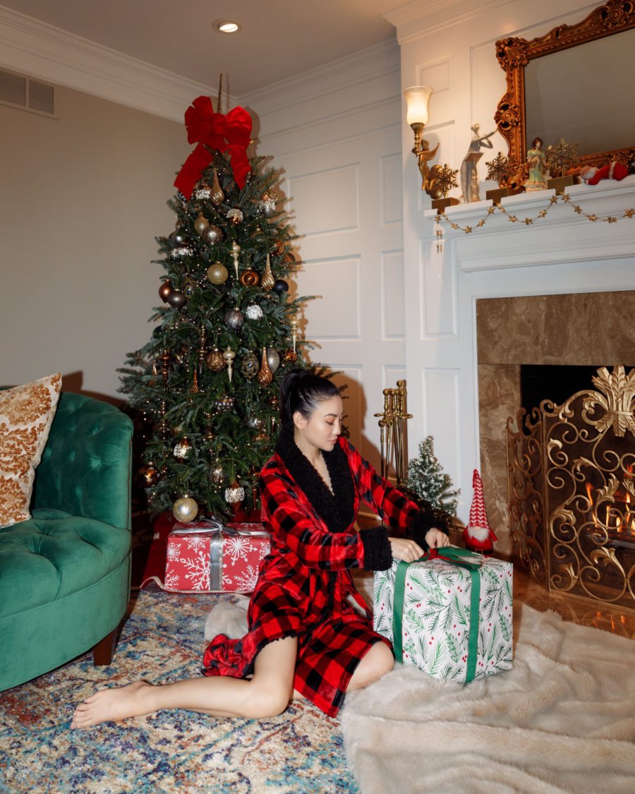 Jessica Wang wearing a sherpa lined robe while sharing her favorite holiday gifts for her in 2021 // Jessica Wang - Notjessfashion.com