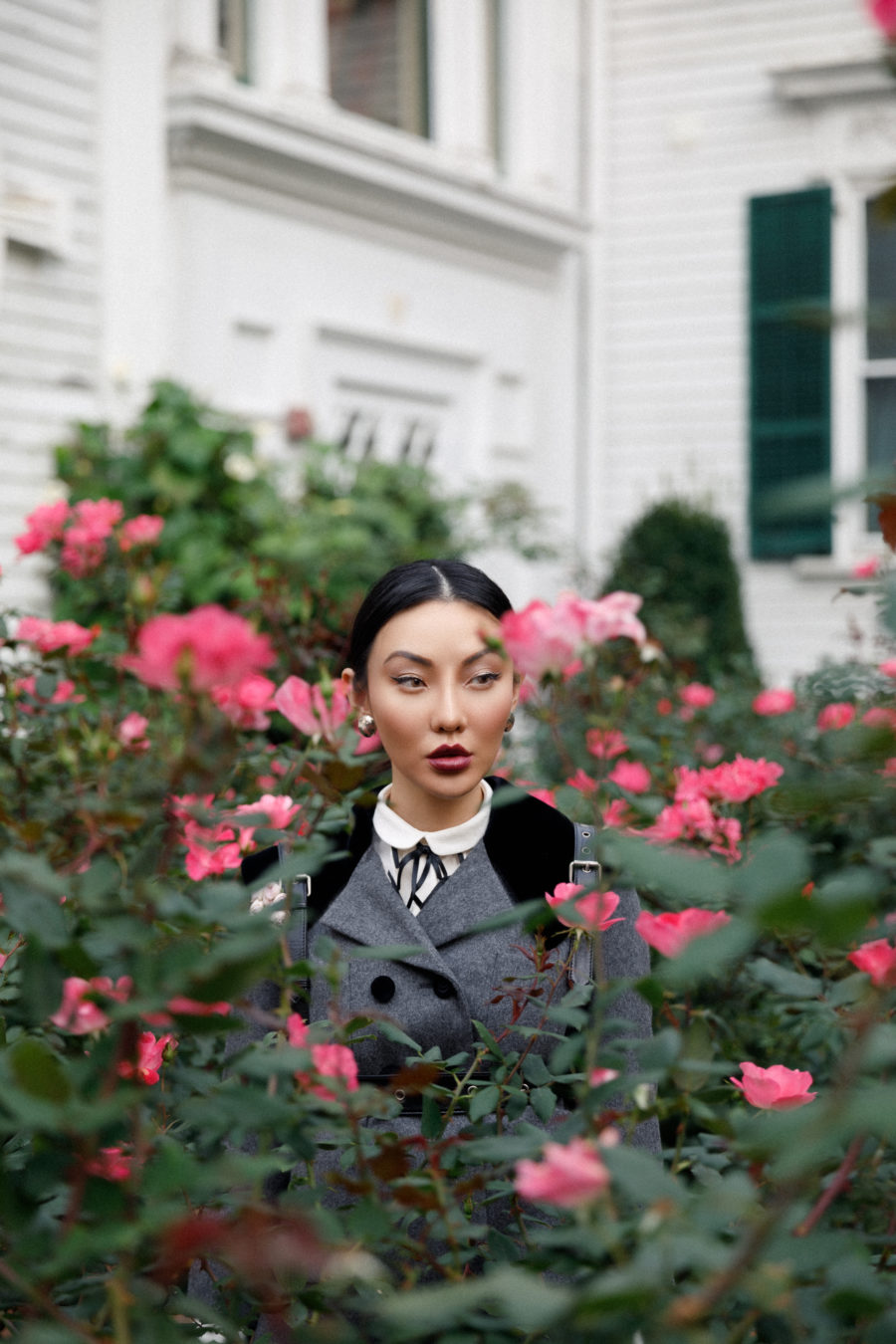 jessica wang wears gray gucci suit in a flower garden and shares how to set goals and achieve them // Jessica Wang - Notjessfashion.com