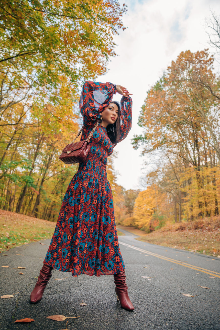 jessica wang wearing a floral dress and maroon boots for a valentine's day outfit // Jessica Wang - Notjessfashion.com